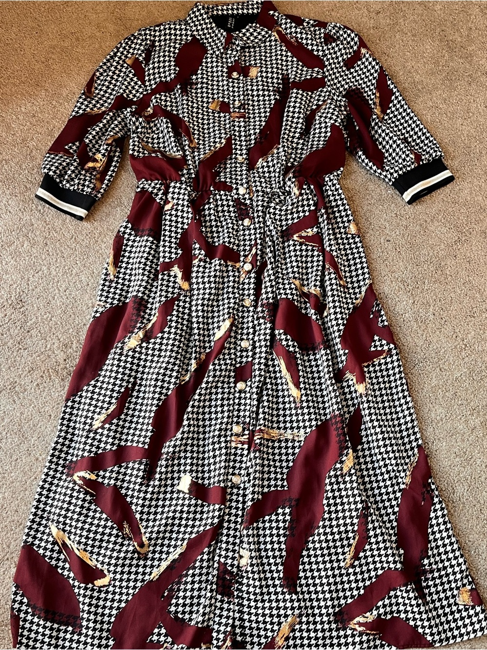 Houndstooth Maxi Shirt Dress in Burgundy and Black